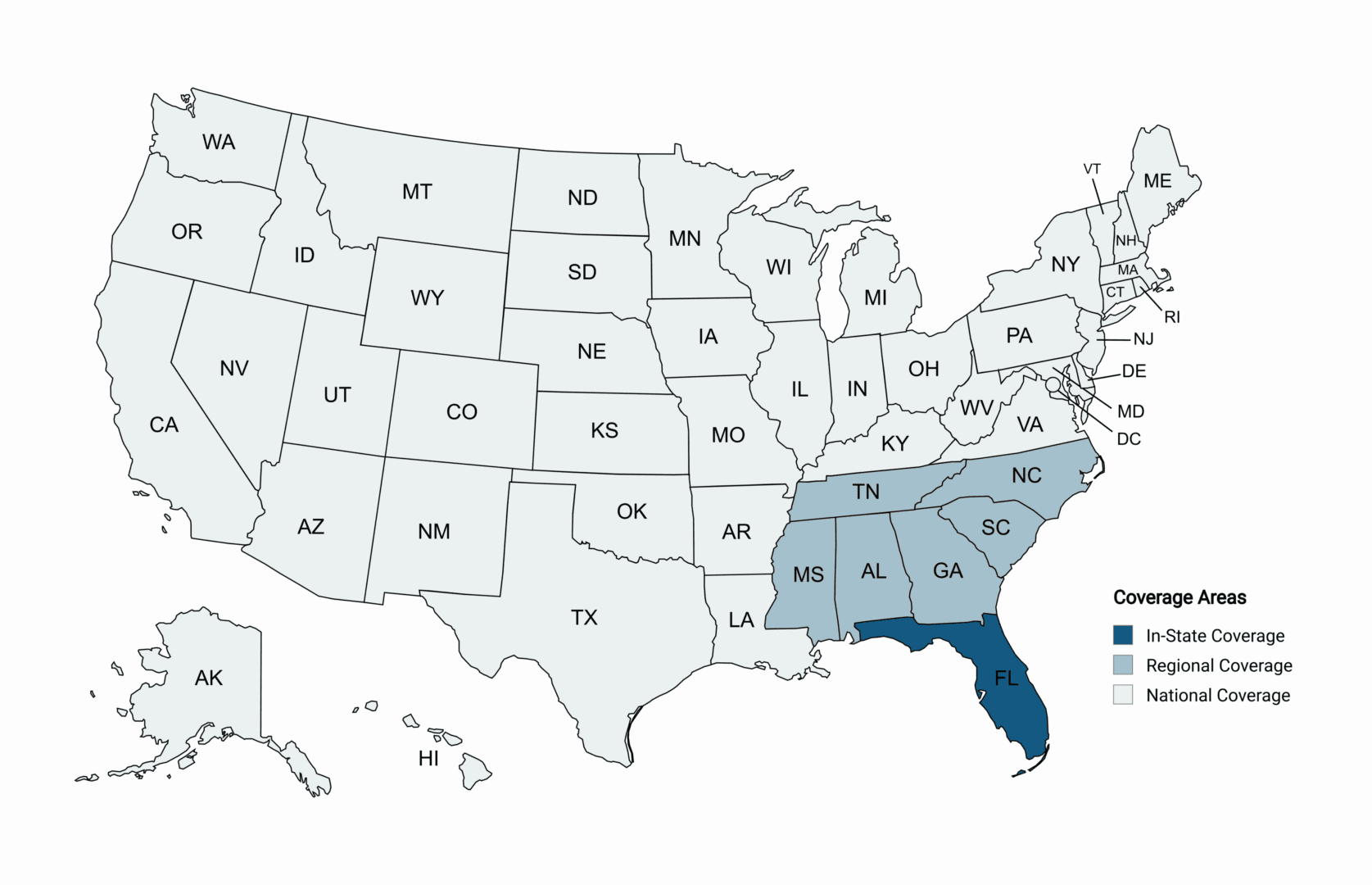 Map showing southeastern U.S. states with varying shades of blue.