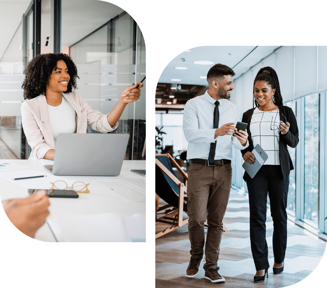 Two business scenes showing professionals in meetings and discussions.