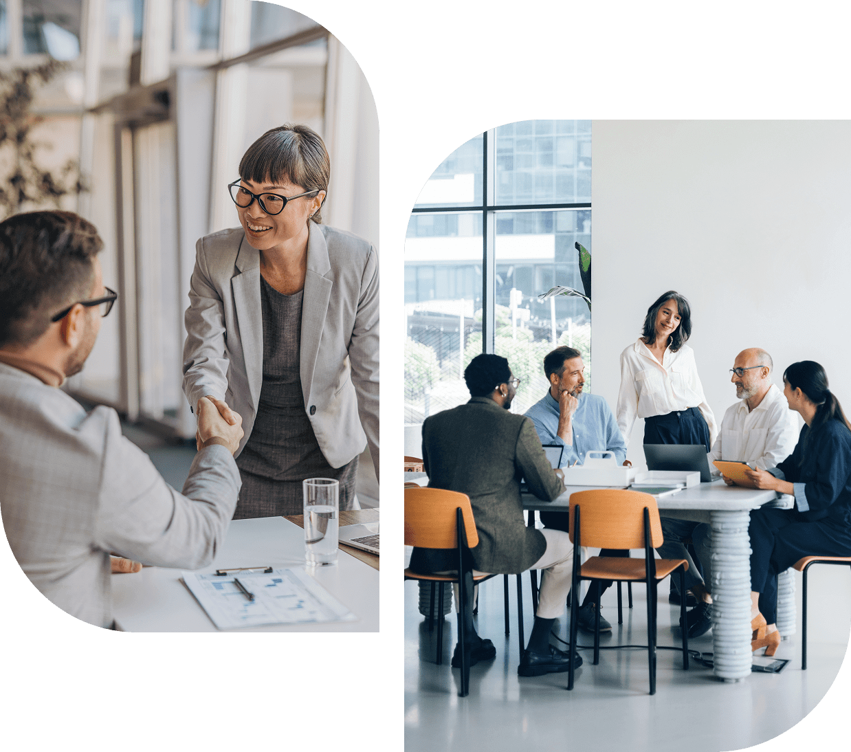 Two images showing diverse business meetings in modern office settings.