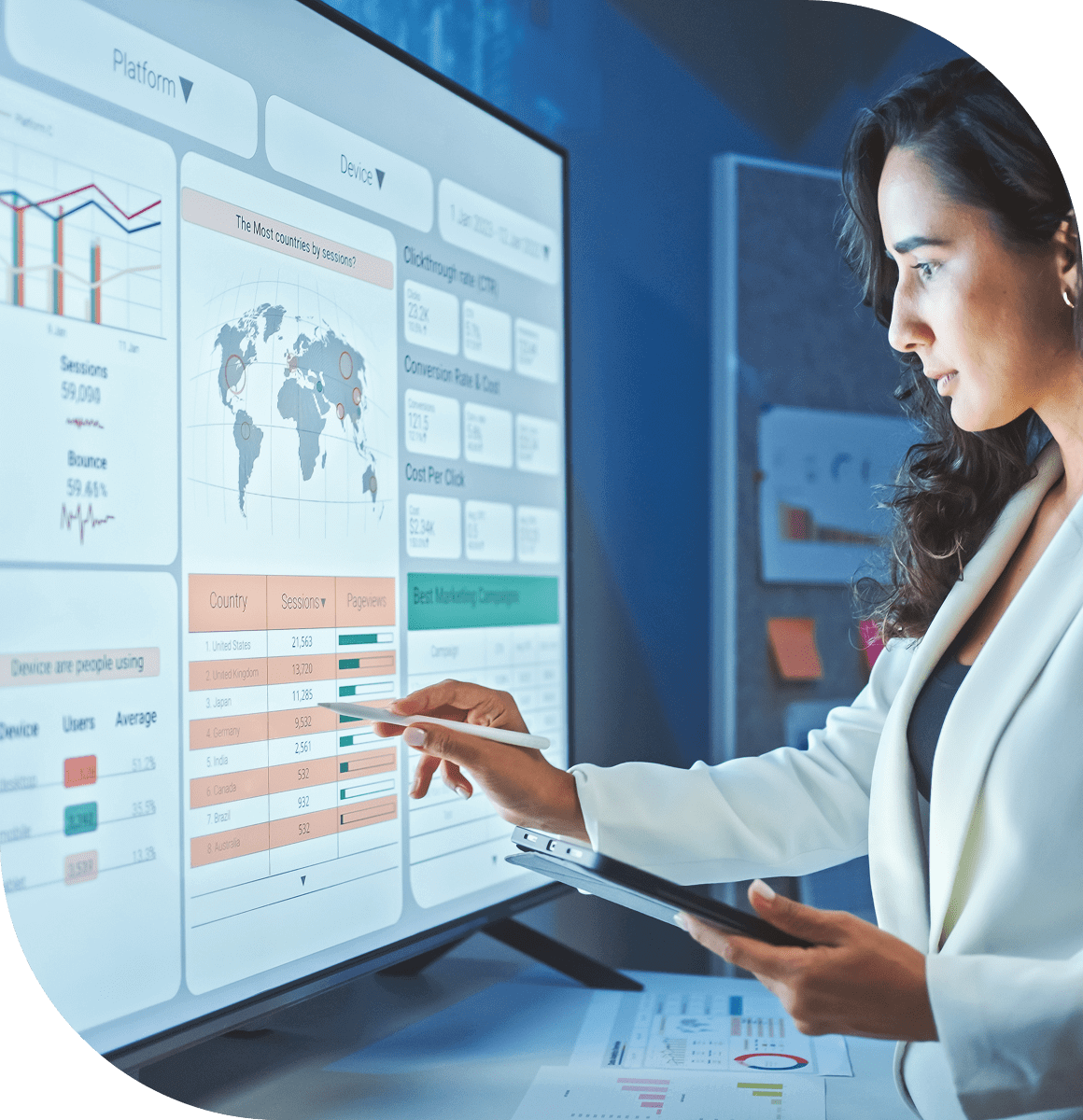 A woman interacts with a large touchscreen displaying data charts and world maps.