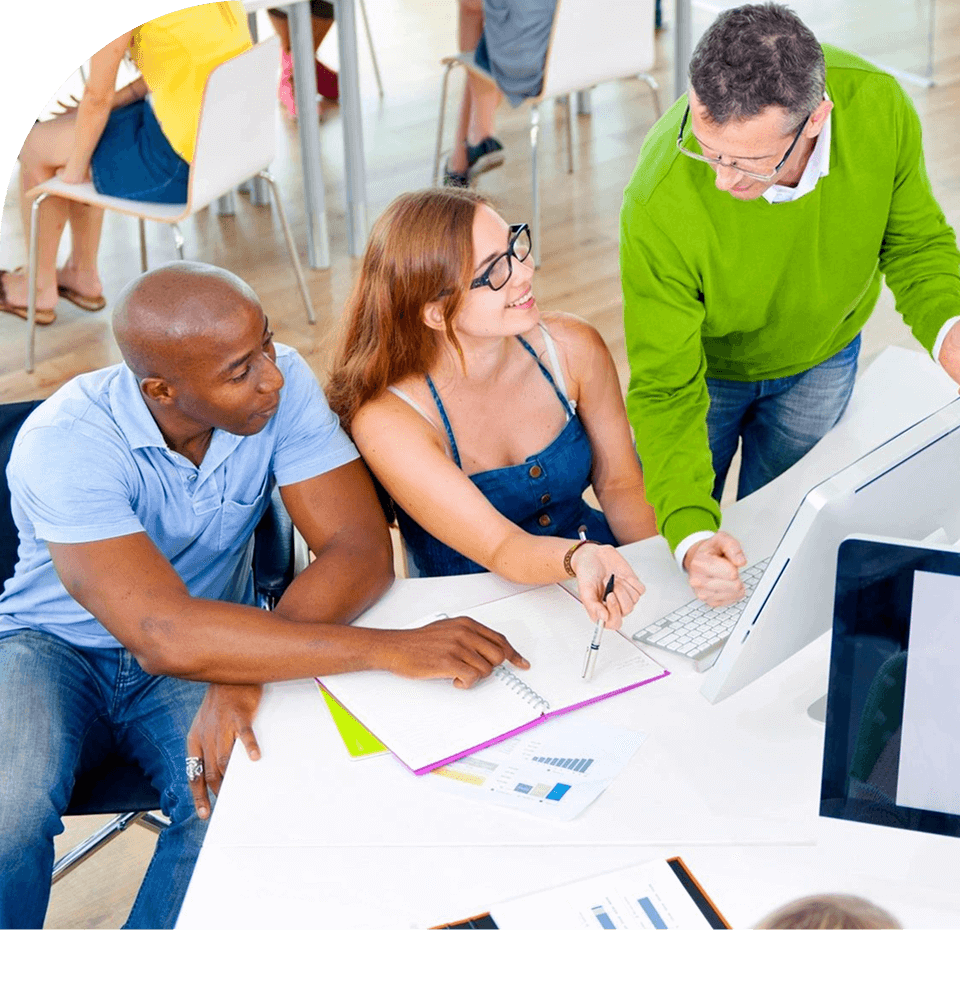 Team collaborating on a project in a modern office setting.